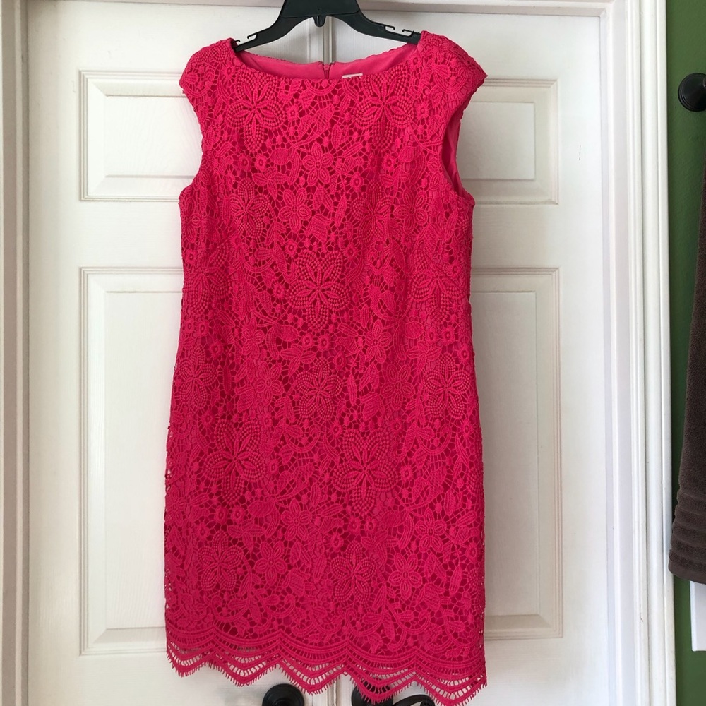 ANNE KLEIN Fuchsia Pink Lace Dress~Scalloped Hemline~Sleeveless~Size 14 ~New
